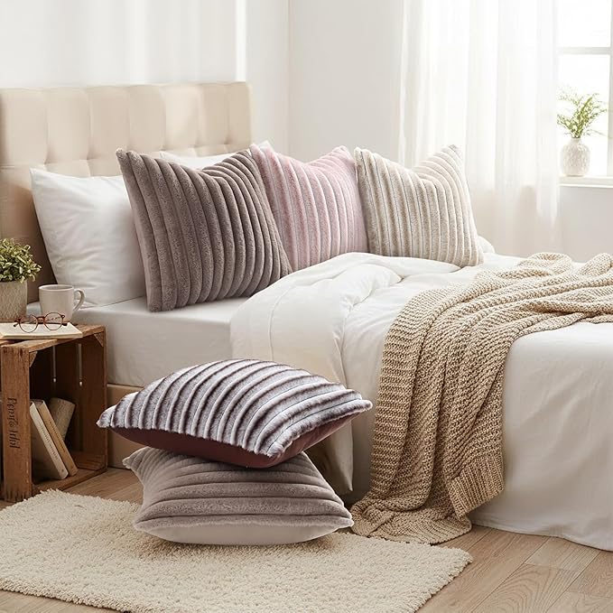 decorUhome Cozy Faux Fur Throw Pillow Covers 18x18 Set of 2 Decorative Soft Plush Striped Modern Farmhouse Boho Couch Pillow Cases with Velvet Back for Sofa Bed Living Room, Light Coffee