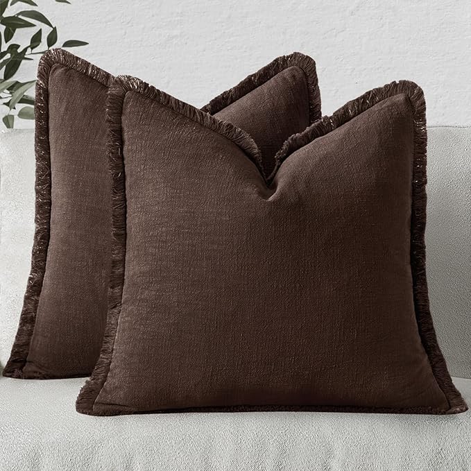 MIULEE Decorative Throw Pillow Covers Neutral Linen Fringe Throw Pillows Euro Shams Set of 2 Dark Brown Boho Farmhouse Cushion Covers for Couch Sofa Bed Living Room Spring Home Decor 26x26 Inch