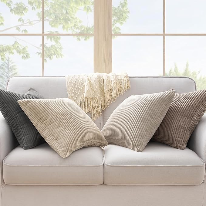 Topfinel 4 Packs Natural Decorative Throw Pillows Covers 16x16 Inch for Living Room Couch Bed Sofa, Rustic Farmhouse Boho Neutral Home Decor, Soft Plush Striped Corduroy Square Cushion Case 40x40 cm
