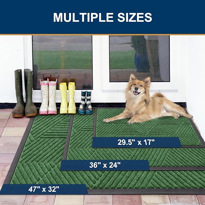 Smiry Front Door Mat Outside Entrance, Heavy Duty Sturdy Natural Rubber Doormat, Trap Dirt and Moisture, Easy Clean Low Profile Mats for Indoor Outdoor Entry, Irregular Triangle (71x47, Green)