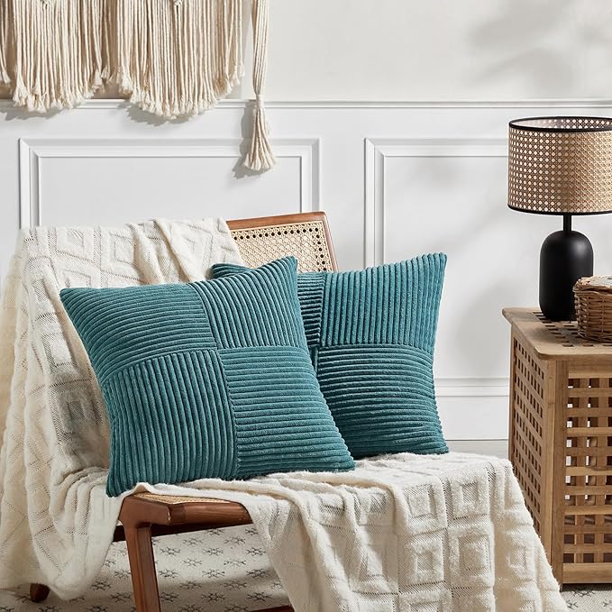 Fancy Homi 2 Packs Teal Decorative Throw Pillow Covers 22x22 Inch for Living Room Couch Bed Sofa, Rustic Farmhouse Boho Home Decor, Soft Corss Corduroy Patchwork Accent Square Cushion Case 55x55 cm