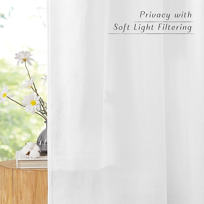NICETOWN Thick Linen 120 inch Curtains for Living Room, Grommet Privacy Added Linen Burlap with Light Filtering Window Treatments for Bedroom/Living Room, White, W55 x L120, 2 Panels