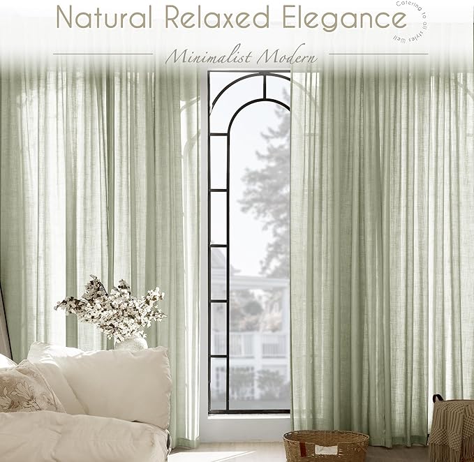 Linen Blend Sage Green Curtains 90 inch Length 2 Panels for Bedroom Back Tab Light Filtering Semi Sheer Drapes Linen Cotton Textured Light Green Airy Modern Farmhouse Living Room Sage Aesthetic Decor