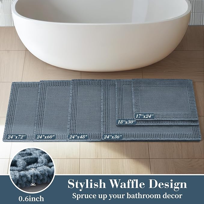 RESARE Waffle Bathroom Runner Rugs, Super Absorbent Bath Mat Non Slip Washable Quick Dry, Upgraded Ultra Soft Boho Bath Rugs with Tassels for Hallway Bedroom Laundry Room, 2'x5'(24"x60"), Blue