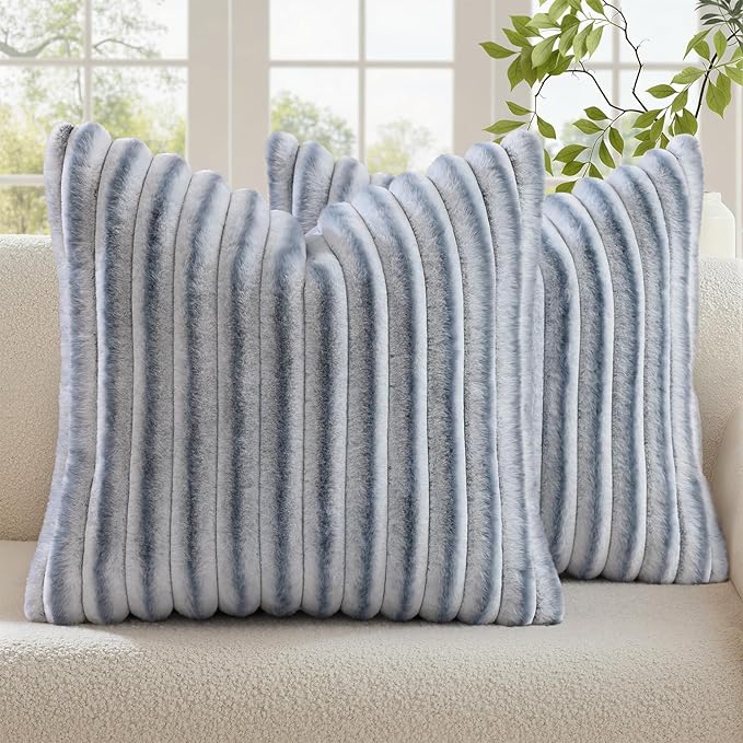 decorUhome Cozy Faux Fur Throw Pillow Covers 26x26 Set of 2 Decorative Soft Plush Striped Modern Farmhouse Boho Couch Euro Sham Pillow Cases with Velvet Back for Sofa Bed Living Room, Grey White