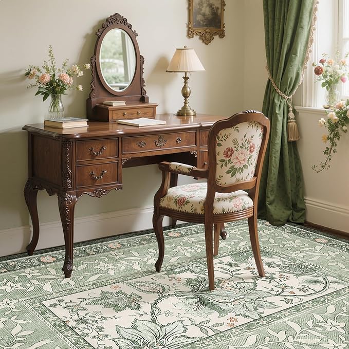 GarveeHome Provence Sage Green 6x9 Area Rugs, Botanical Grove Vintage Cottagecore Non-Slip Washable Rug for Living Room Bedroom Nursery Kitchen Low-Pile Retro Large Carpet