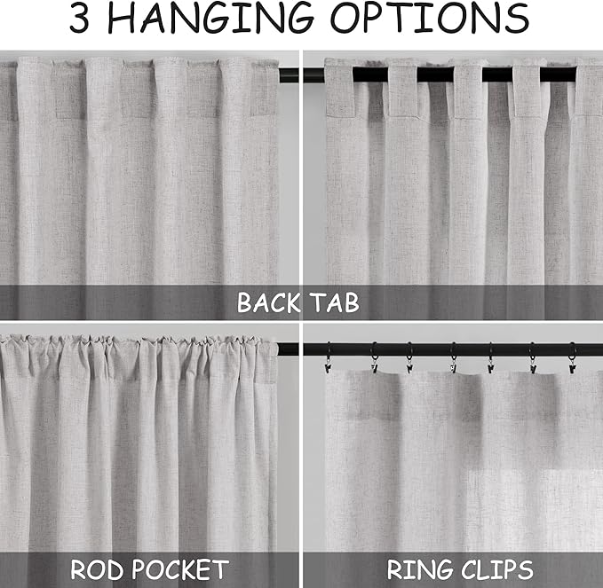 Nanspring Grey Linen Semi Sheer Curtains 72 Inches Long 2 Panels Set for Bedroom Back Tab Rod Pocket Light Filtering Drapes Cotton Textured Grey Farmhouse Living Room Curtain 52X72 Inches