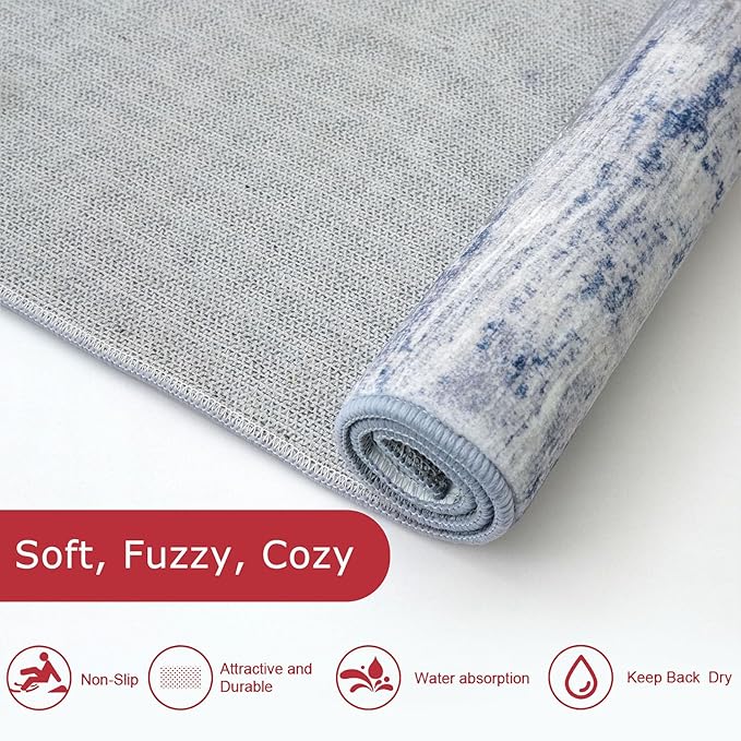 KOZYFLY Modern Abstract Washable Long Rug Runner 2.6x20 Hallway Rug Runner Non-Slip Soft Stair Runners, Grey-Blue Striped 20 feet Runner Rug for Kitchen Entryway Bathroom Laundry Room Foyer