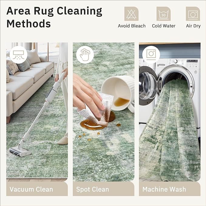 Area Rug 10x12 Vintage Washable Living Room Large Carpet Non Slip Bedroom Indoor Office Dining Room Low Pile Thin Rug Green/Ivory