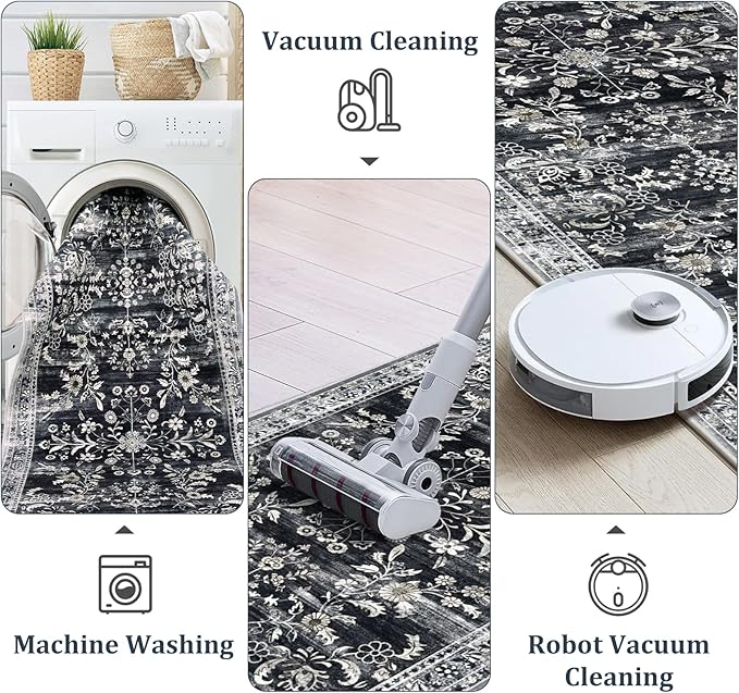 Yamaziot Washable Runner Rug 2x3 – Non Slip Small Entryway Rug Boho Floral Rug with Rubber Backing, Low Pile Faux Wool Distressed Carpet for Indoor Door Mat, Kitchen, Laundry Entrance, Navy/Black