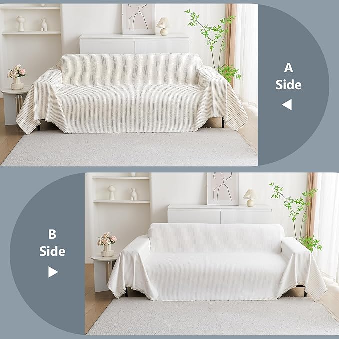 MYSKY HOME Couch Cover for Dogs, Sectional Couch Cover, Beige Lines Sofa Covers for Sectional Sofa L Shape Chenille Couch Protector for Dogs Pets Couch Covers Washable Soft Throw, 91"X150"