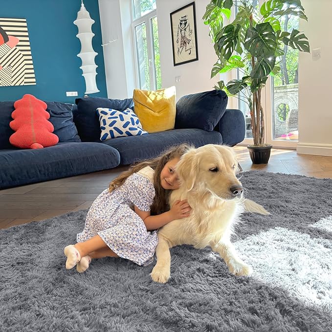 OLANLY 6x7 Area Rugs for Living Room Bedroom, Machine Washable Soft Fluffy Shaggy Bedside Rug, Indoor Floor Carpet for Kids Girls and Boys, Dorms, Nursery Rooms, Home Decor Aesthetic, Light Grey