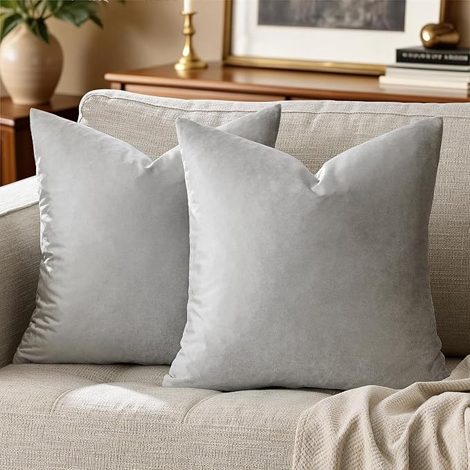 GIGIZAZA Big Velvet 24x24 Pillow Covers Silver Grey Pack of 2 Square Modern Throw Pillows Luxury Covers Decorative Pillows for Living Room Couch Sofa Pillow Cases