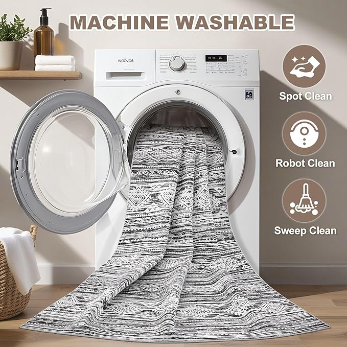 Nakagishi Bedroom Rug Area Rugs 4x6: Washable Boho Neutral Farmhouse Stain Resistant Moroccan Non-Slip Throw Carpet for Women Modern Home Enthusiast Aged 25-40 - Entryway Kitchen Bedside - Black White