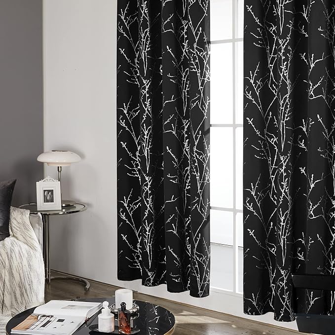 Deconovo Black Out Curtains for Kitchen, 42 x 45 Inch Length 2 Panels Set, Thermal Insulated Soundproof Window Drapes with Silver Print, Grommet Top, Machine Washable Panels for Small Winodw Nursery
