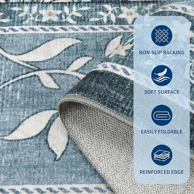 GarveeHome Provence Misty Blue 2x6 Washable Kitchen Runner Rugs Non Slip Vintage Boho Cottage Long Rug for Hallways Bedroom Entryway Bathroom Mat with Rubber Back