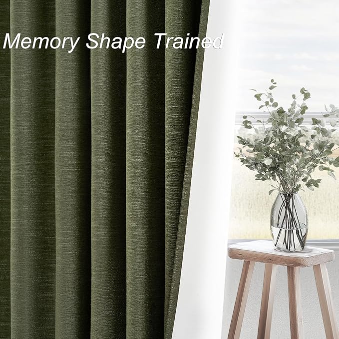 Topfinel 94 Inches Long Flax Custom Blackout Linen Curtains, Viral Pinch Pleated Noise Cancelling Curtains with Pin Hooks for Traverse, Olive Green Burlap Viral Drapes 2 Panels for Living Room