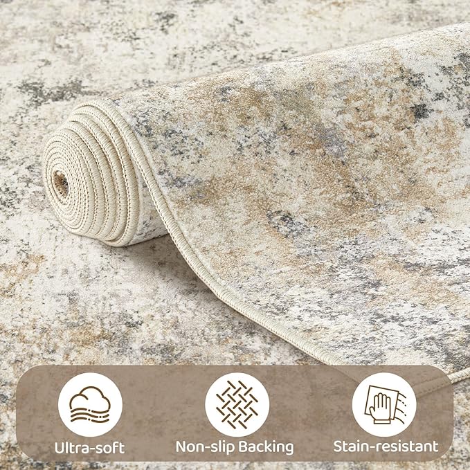 9x12 Area Rug Living Room Rugs - Washable Neutral Modern Abstract Soft Thin Large Rug Indoor Floor No Slip Rug Carpet for Bedroom Under Dining Table Home Office Decor - Golden Grey