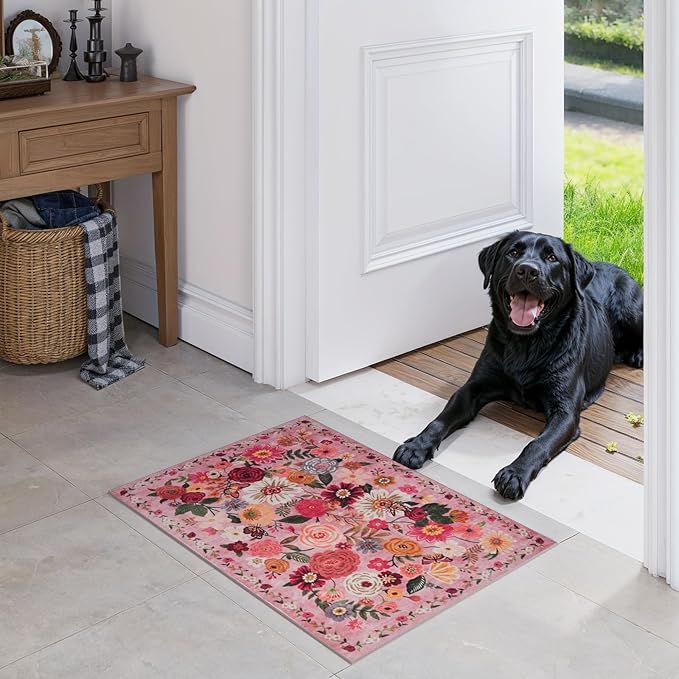 Pink Area Rugs 24x17 Inch Home Decor Entry Rug, Small Door Mat Bath Mats for Bathroom, Ultra-Thin Non Slip Floral Low Pile Tub Mat for Sink Shower Doorway Tub Kitchen Sink(2 x 1.4, Pink Garden)