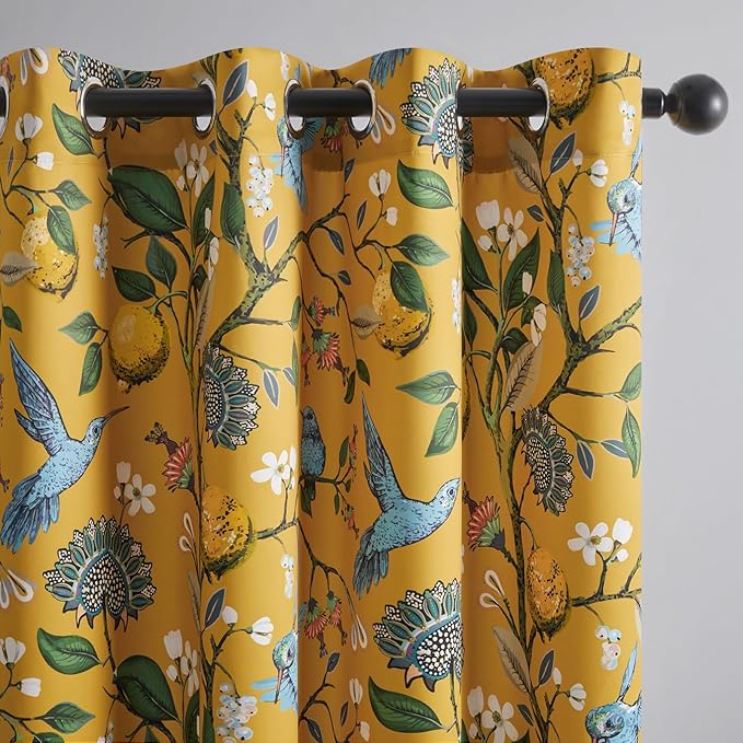 Topfinel Mustard Yellow Kitchen Tier Curtains 36 Inches Long Dark Yellow Botanical Floral Hummingbird Grommet Room Darkening Half Window Drapes, for Rv Cafe Basement Bathroom Dinning Room, 2 Panels