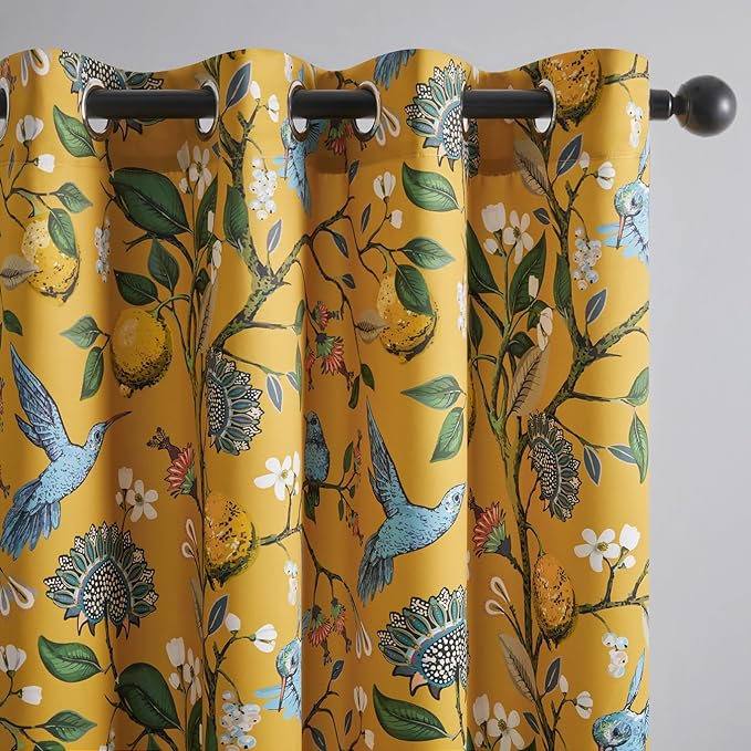 Topfinel Living Room Curtains 72 Inches Long Mustard Yellow Vintage Curtains & Drapes, Room Darkening Grommet Luxury Whimsical Floral Lemon Hummingbird Colorful Blackout Drapes for Living Room Bedroom
