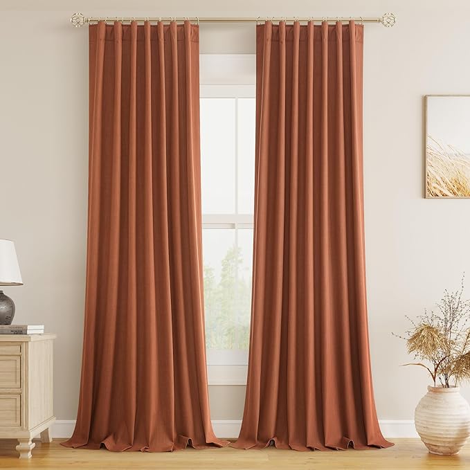 Guken Terracotta 100% Blackout Curtains 90 Inch Length 2 Panels Set Fall Curtains for Living Room Bedroom Back Tab Thermal Insulated Black Out Linen Drapes, 52x90