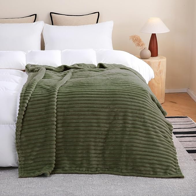 Olive Green Fleece Throw Blanket 60”×80” for Couch Sofa Bed,Super Soft Cozy Plush Microfiber Flannel Blanket with Stripes Design Lightweight for Adults,Woman,Girls