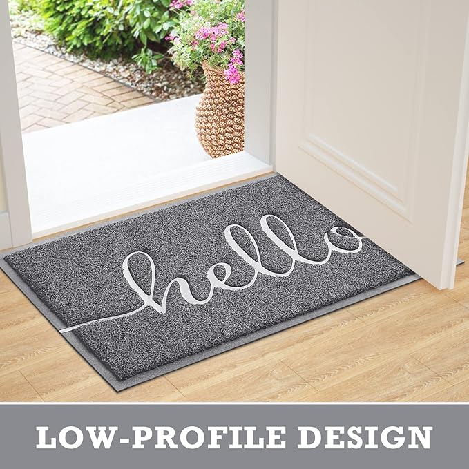 CozyBounty Door Mat Hello Mats Outdoor Indoor Non-Slip Doormat for Entryway Low-Profile Floor Mat for Yard, Garage, High Traffic Areas (36"x24", Grey)