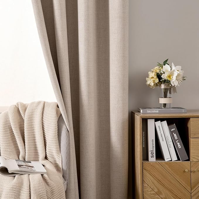MIULEE 100% Blackout Linen Textured Curtains for Bedroom 100 Inches Extra Long Thermal Insulated Natural Beige Grommet Room Darkening Curtains & Drapes Luxury for Living Room Nursery (2 Panels)