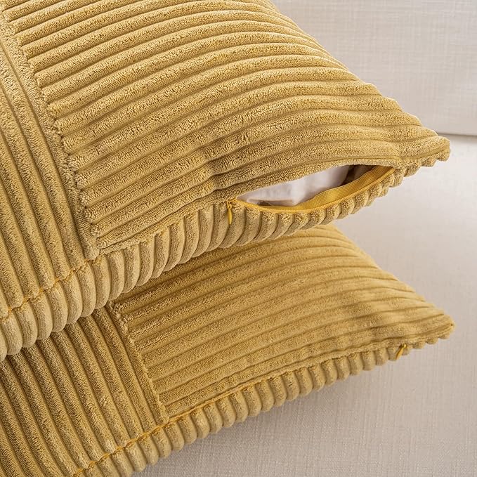 Fancy Homi 2 Packs Mustard Yellow Lumbar Decorative Throw Pillow Covers 12x20 Inch for Living Room Couch Bed, Rustic Farmhouse Boho Home Decor, Soft Striped Corduroy Rectangle Accent Cushion Case