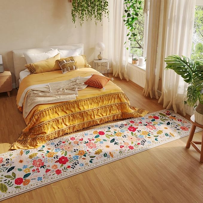 Rugcomf Long Hallway Runner Rug 2'7"x14' - Floral Washable Non Slip Boho Carpet for Kitchen, Entryway, Hall, Bathroom - Beige
