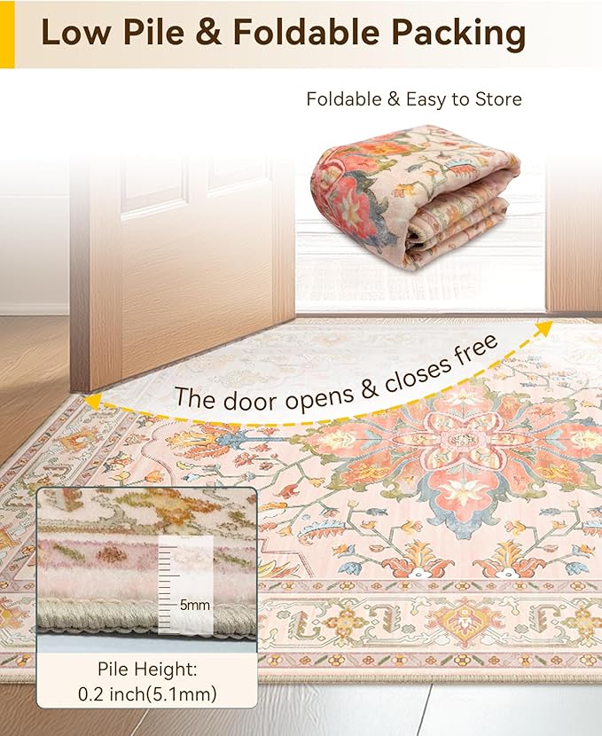 Area Rugs 6ft Washable Non-Slip, Floral Vintage Distress Print Pattern Medallion Carpet for Living Room Bedroom Dining Room, Light Pink Colorful