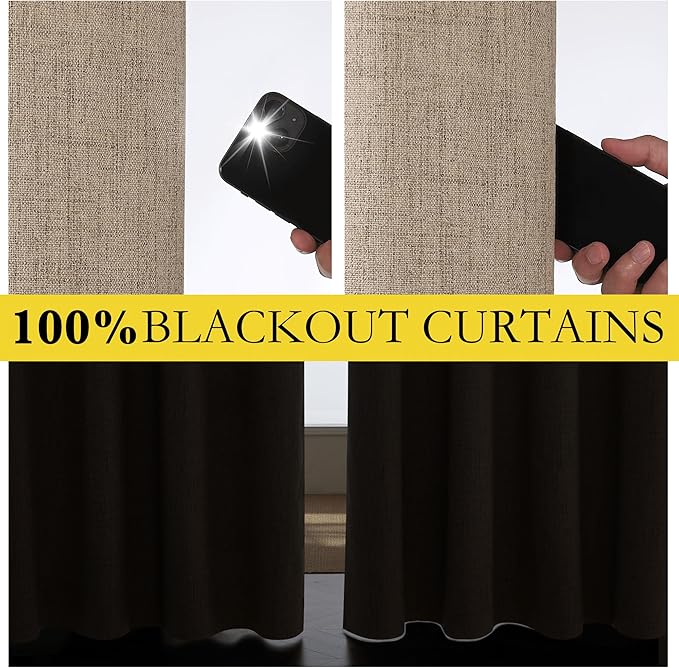 NICETOWN Burlap Vintage Open Linen Weave Flax Thermal Curtains, 100% Blackout Curtains 63" Long for Dining Room, Soundproof Window Treatment Drapes for Gym Room, 42" Wide Per Panel, Set of 2