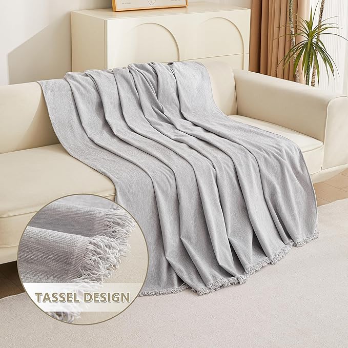 MYSKY HOME Couch Cover for Pets Light Grey Couch Covers for 2 Cushion Couch Sofa Simple Tassel Sofa Covers for Loveseat L Shaped Chenille Couch Cushion Covers for Dogs Kids Easy Install,91" X118"