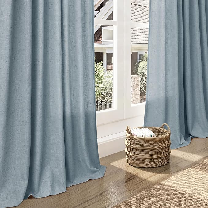 Light Blue Linen Curtains 63 Inches Long 2 Panel Sets for Living Room Bedroom Rod Pocket Back Tab Light Filtering Drape for Kitchen Window Short Protect Privacy Curtain Modern Farmhouse Decor 52x63