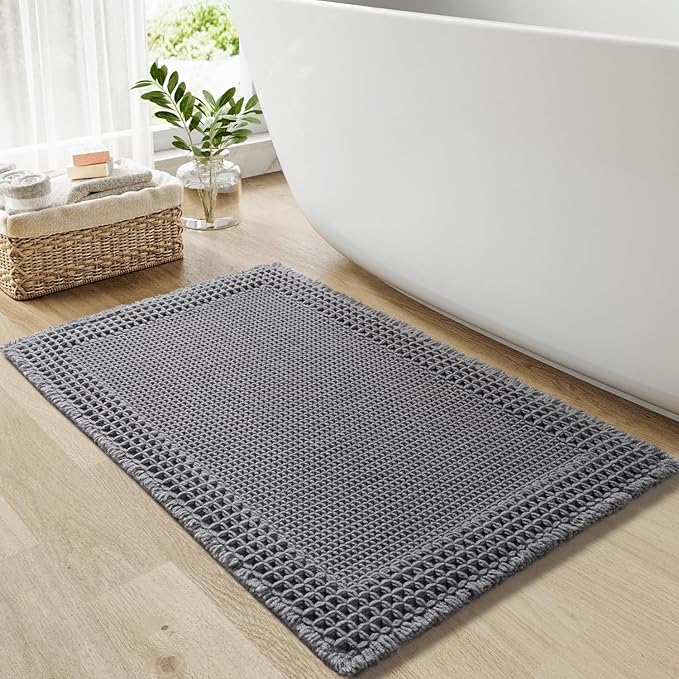 RESARE Waffle Bath Mat, Super Absorbent Non-Slip Machine Washable, Ultra Soft Boho Bath Rug with Tassels, Upgraded Bordered Design, 18"x30" Dark Grey