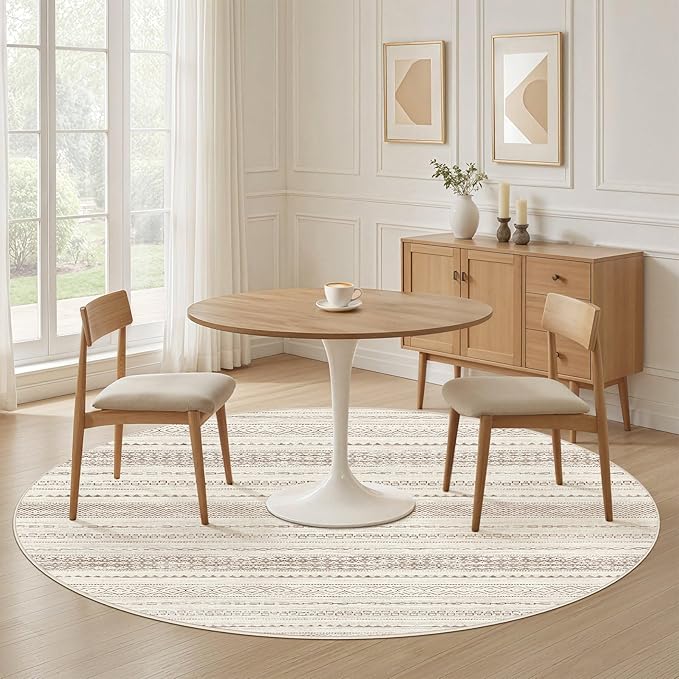 Nakagishi Round Rug Boho Area Rugs: 8x8 Washable Large Circle Neutral Soft Stain Resistant Non-Slip Carpet for Women Aged 25-45 Farmhouse Decor Enthusiasts - Living Room Bedroom Dining Room Nursery