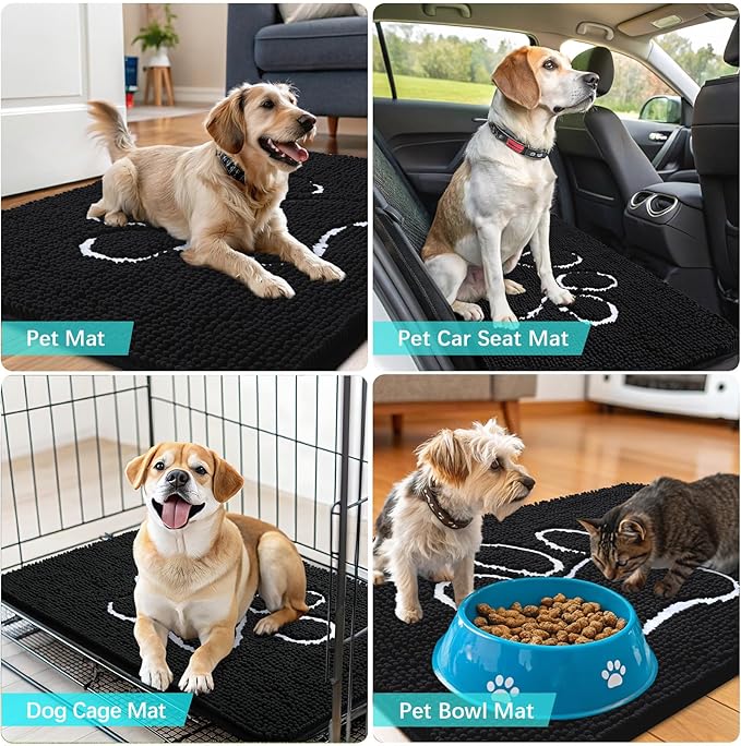 OLANLY Dog Door Mat for Muddy Paws 36x24, Paw Print Design, Absorbs Moisture and Dirt, Absorbent Non-Slip Washable Doormat, Quick Dry Chenille Mud Mat for Dogs, Entry Indoor Entryway Carpet, Black