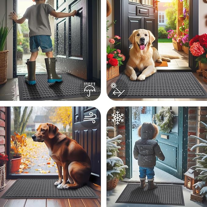Smiry Front Door Mat Outside Entrance, Heavy Duty Natural Rubber Doormat, Non Slip, Trap Dirt and Moisture, Easy Clean, Low Profile Welcome Floor Mats for Indoor Outdoor Entry, 59x34 Inch, Grey