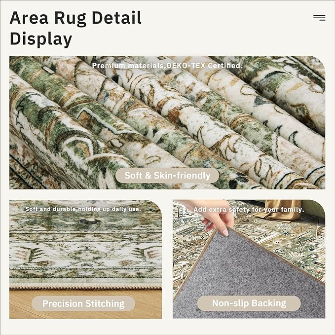 Soalmost Washable Area Rug 8x10, Large Soft Rugs for Living Room Farmhouse Vintage Area Rugs for Bedroom Dining Room Non-Slip Stain Resistant Under Table Rug Olive Beige