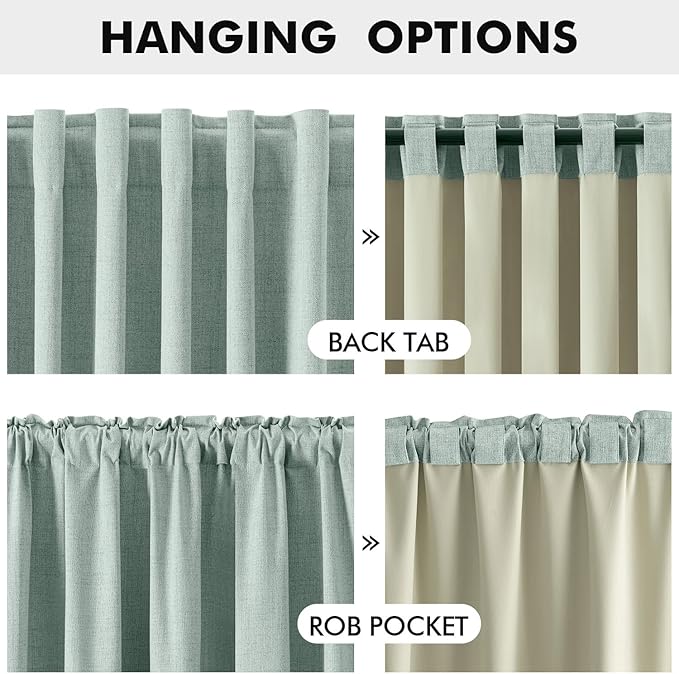 MIULEE 100% Blackout Linen Curtains for Bedroom, Seafoam Green Solid Luxury Decor Thermal Insulation Room Darkening Drapes for Living Room Nursery Back Tab Rod Pocket 42 x 72 Inches, 2 Panels