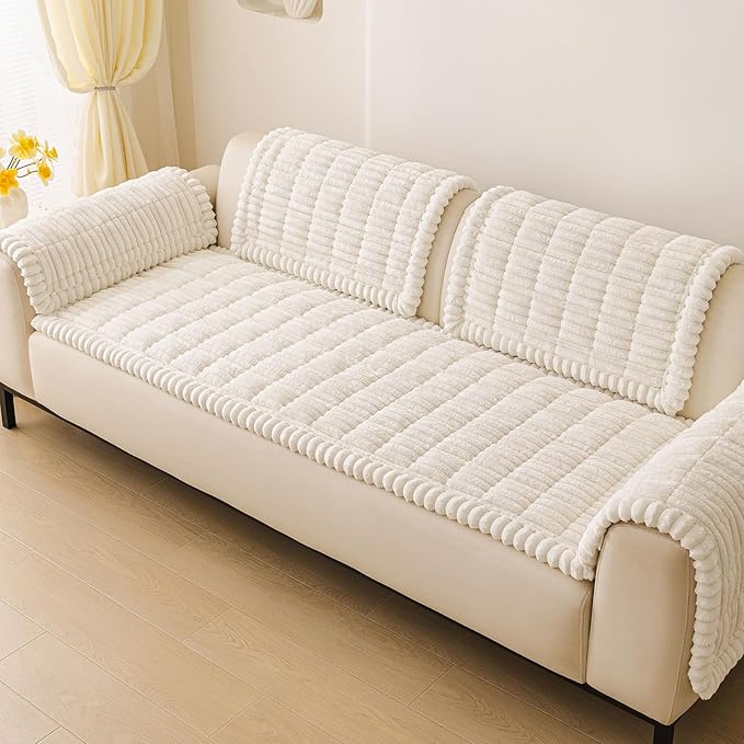 hyha Couch Covers for Dogs Washable, Non Slip Plush Dog Sofa Protectors, Fuzzy Pet Couch Covers for 3 Cushion Sofa Pet Friendly (White, 27.6" x 70.9")