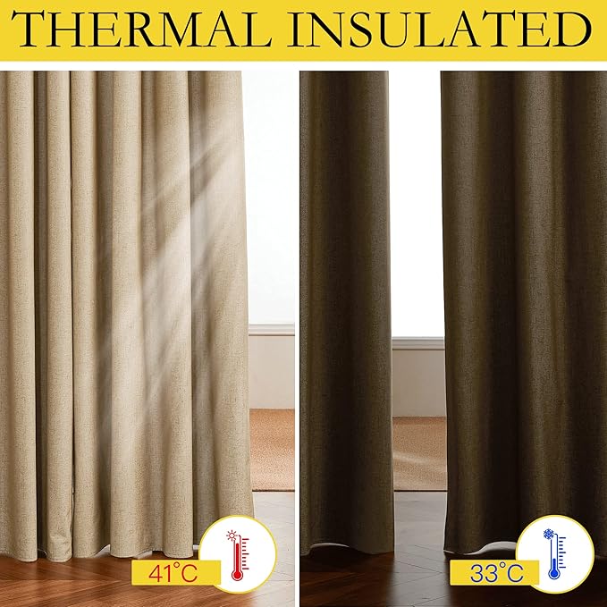 NICETOWN 100% Absolutely Blackout Linen Curtains with Thermal Insulated White Liner, Camel, W52 x L95, 2 Panels, Textured Linen Look Noise Reducing Window Treatments Drapes for Bedroom/Living Room