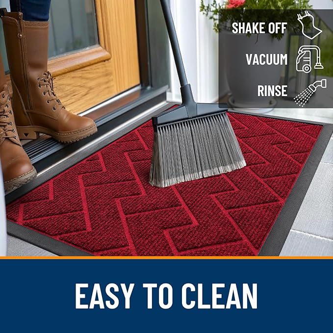 OLANLY Front Door Mat Indoor Outdoor Entrance, Waterproof All-Season, All-Weather Doormat, Sturdy Natural Rubber, Low Profile, Easy Clean Patio Porch Entryway Mat, Herringbone Brick (Wine Red, 47x17)