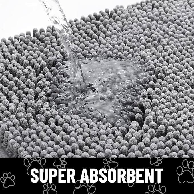 Smiry Dog Door Mat for Muddy Paws, Absorbent Dirt Trapper Non Slip Quick Dry Washable Chenille Mat for Mud Dogs, Entry Rug for Indoor and Outdoor (59x24 Inches, Grey and Black)