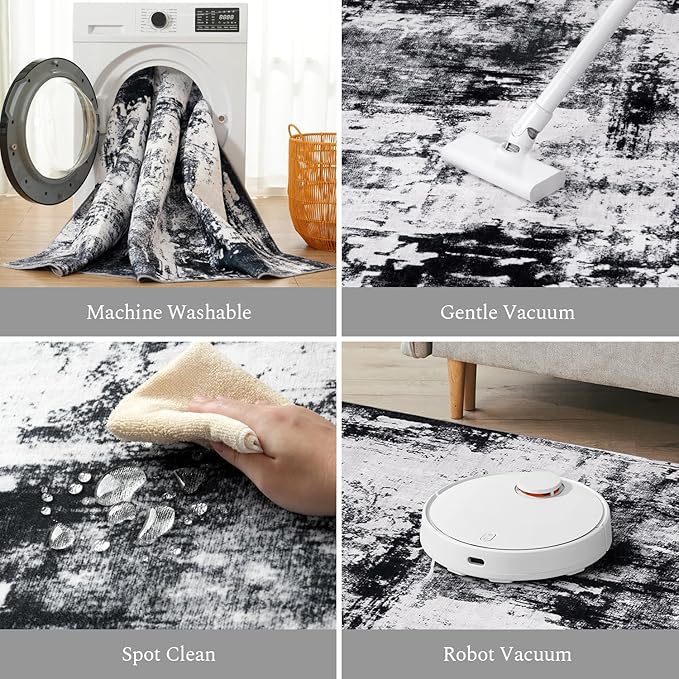 Rugflix 8x10 Area Rugs for Living Room, Black Grey Large Rug Stain-Resistant Low Pile, Big Washable Dark Carpet Non-Slip for Bedroom Dining Room Home Office Nursery Room