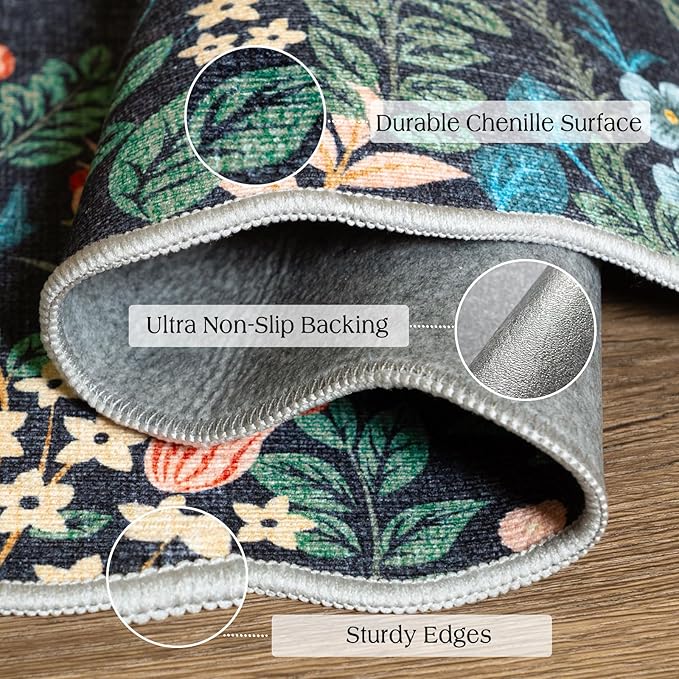 Black Floral Entry Rug - 3x5 Ft Washable Indoor Outdoor Mats for Front Door Porch Rug Non-Slip Spring Door Mat Boho Throw Rugs for Living Room Bedroom Entryway Kitchen Office Porch Decor
