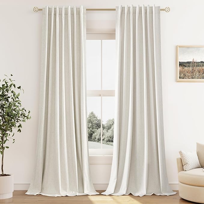 Guken Cream 100% Blackout Curtains 145 Inch Length 2 Panels Set for Living Room Bedroom Back Tab Thermal Insulated Black Out Linen Drapes Room Darkening Window Curtains