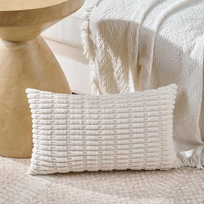Fancy Homi Set of 4 Grey and White Long Lumbar Rectangle Decorative Throw Pillow Covers 12x24 Inch for Couch Bed Chair, Farmhouse Boho Room Decor, Soft Fuzzy Corduroy Textured Cushion Case 30x60cm