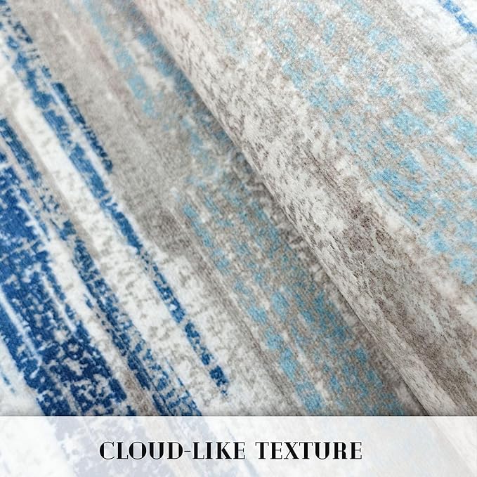 Lansny Modern Abstract Runner Rug 2.6x14, Blue Washable Long Kitchen Runner Non-Slip Soft Hallway Rug Runner Thin Print Faux Wool Carpet for Entryway Bedroom Laundry Room Indoor Home Decor
